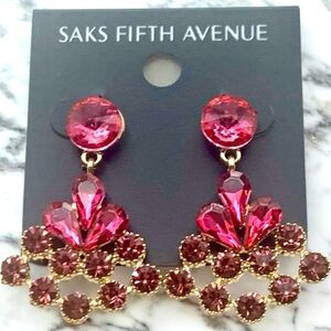Saks Fifth Avenue Gold Plated & Pink Crystal Triangle Costume Jewelry Earrings.